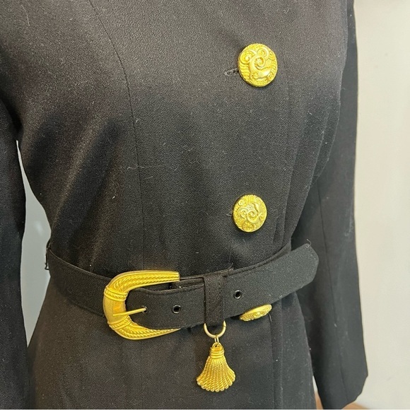 Vintage black long sleeve structured dress bold gold belt ornate buttons retro - Picture 11 of 11